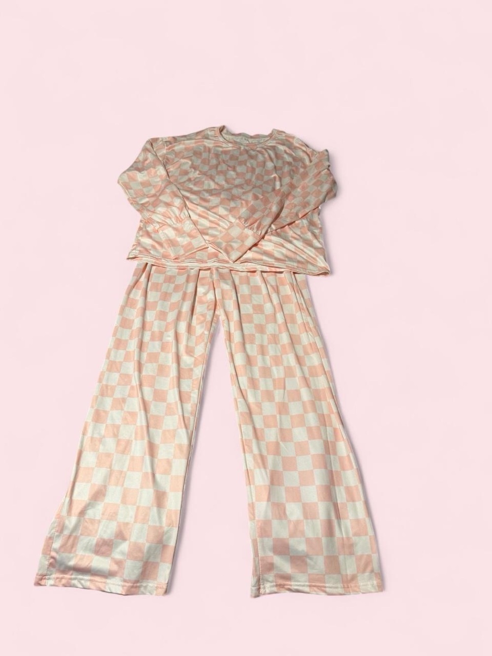 Boutique Women's Checkered Wide-Leg Pants & Top Set - Pink & Cream